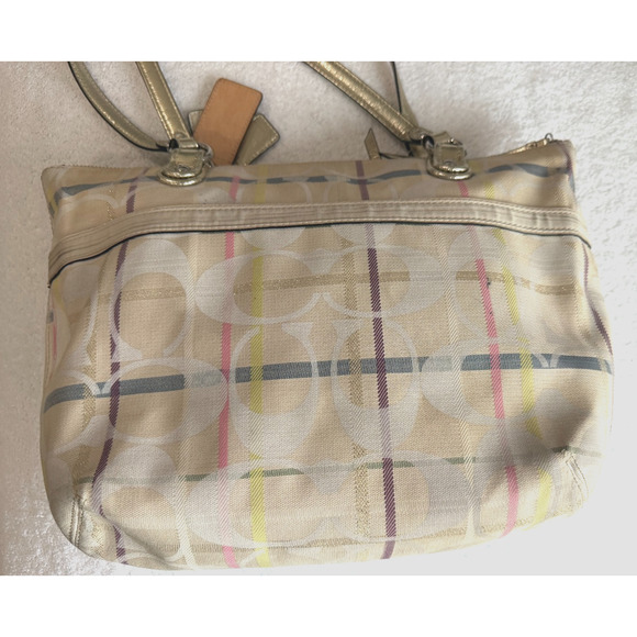 Coach Bag Poppy Glam Tote Tattersall Lurex Sequin Signature Metallic golden Sz-M - Picture 3 of 15